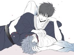 Rule 34 | 2boys, absurdres, arm around shoulder, back hair, black robe, black shirt, closed eyes, collarbone, collared shirt, commentary request, ghqjyu, gintama, grey hair, hadanugi dousa, hand on another&#039;s chest, highres, hijikata toushirou, long sleeves, looking at another, looking down, lying, male focus, multiple boys, on back, one eye covered, open collar, open kimono, red trim, robe, sakata gintoki, shirt, short sleeves, wide sleeves, yaoi