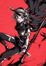 1boy aotsuki_eito blue_eyes full_body glasses grey_hair highres holding holding_weapon last_defense_academy_school_uniform limited_palette male_focus open_mouth parted_hair red_background smile solo solo_focus the_hundred_line_-last_defense_academy- weapon