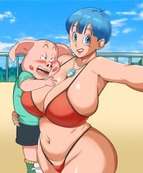 1boy 1girl absurdres bikini breasts bulma cleavage dragon_ball dragon_ball_super dragonball_z highres huge_breasts large_breasts oolong panarandom swimsuit
