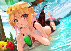 1girl ass bare_arms bare_legs bare_shoulders barefoot bat_wings bikini bikini_skirt bikini_top_only blonde_hair blue_sky brown_wings butt_crack cloud cloudy_sky commentary_request cup day drink drinking_glass drinking_straw dutch_angle fang female_focus fingernails flower granblue_fantasy hair_between_eyes hair_flower hair_ornament hands_up head_wings hibiscus horizon innertube legs_up long_hair looking_at_viewer lying marisayaka mismatched_bikini nail_polish ocean on_stomach outdoors palm_tree parted_lips pointy_ears red_eyes red_flower red_nails red_rose rose shallow_water shingeki_no_bahamut sky solo summer swim_ring swimsuit transparent tree vampy water white_bikini wings yellow_flower