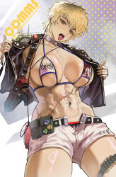 abs absurdres blonde_hair breasts bullet commentary commission ear_piercing earbuds earphones english_commentary green_eyes highres holster jacket jewelry large_breasts leather leather_jacket multiple_piercings muscular muscular_female original park_ongjol piercing ring scar scar_on_stomach tongue tongue_out tongue_piercing