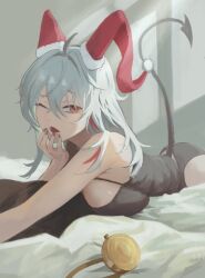 1girl absurdres alternate_costume bare_shoulders bed black_panties black_shirt black_tail breasts commentary_request curled_horns demon_tail grey_hair hair_between_eyes haruhachiya highres horn_cover horns indoors large_breasts long_hair looking_at_viewer lying multicolored_hair no_pants on_bed on_stomach one_eye_closed open_mouth panties red_eyes shirt solo streaked_hair tail tank_top underwear wuthering_waves yawning zani_(wuthering_waves)