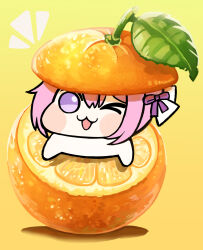 1girl :3 commentary creature doro_(nikke) english_commentary food fruit goddess_of_victory:_nikke hair_between_eyes hair_ornament highres looking_at_viewer one_eye_closed orange_(fruit) orange_eyes pink_hair purple_eyes shadow smile solo vincentsu