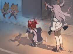 4girls absurdres angry blue_archive cat_shadow_puppet_(meme) chibi grin hair_flowing_over halo highres hirotaka0125 maki_(blue_archive) meme midori_(blue_archive) momoi_(blue_archive) multiple_girls pointing shadow siblings sisters smile spray_can twins yuuka_(blue_archive)