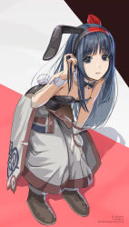 1girl ainu_clothes artist_name black_eyes black_hair boots breasts cleavage dargain_x fingerless_gloves gloves hair_ribbon hand_on_knee hand_on_own_knee highres leaning_forward legs leotard long_hair nakoruru pants pantyhose parted_lips playboy_bunny rabbit_ears ribbon samurai_spirits small_breasts snk the_king_of_fighters the_king_of_fighters_xv thighs