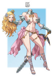 1girl absurdres armor bare_shoulders bikini_armor blonde_hair blue_eyes breasts bridgeless_bra cirenk cleavage code_of_princess commission crown detached_sleeves disembodied_head dullahan flower full_body gauntlets groin hair_flower hair_ornament headless highres holding holding_detached_head holding_sword holding_weapon medium_breasts navel panties signature simple_background smile solange_blanchefleur_de_luxe solo sword thighs underwear wavy_hair weapon white_panties