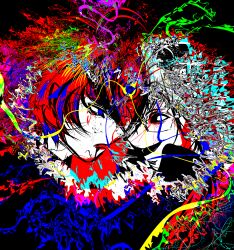 2boys absurdres aotsuki_eito black_background black_eyes black_hair blue_eyes blue_hair eye_contact highres looking_at_another male_focus multicolored_hair multiple_boys open_mouth red_eyes red_hair sumino_takumi surreal the_hundred_line_-last_defense_academy-