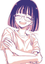 1girl :d artist_name blush bob_cut closed_eyes commentary ear_piercing earrings facing_viewer fingernails glasses happy jewelry monochrome open_mouth original piercing shirt short_hair short_sleeves simple_background smile solo sugano_manami symbol-only_commentary teeth upper_body upper_teeth_only white_background