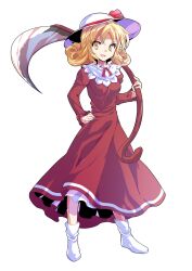 1girl alphes_(style) blonde_hair boots breasts commentary_request curly_hair dairi dress elly_(touhou) full_body hand_on_own_hip hat hat_ribbon highres holding holding_scythe large_variant_set long_sleeves looking_at_viewer medium_breasts medium_hair open_mouth parody red_dress red_ribbon ribbon scythe simple_background smile solo standing style_parody tachi-e touhou touhou_(pc-98) transparent_background variant_set white_boots white_hat yellow_eyes