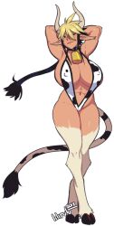 Rule 34 | 1girl, 2018, abs, animal ears, animal legs, animal print, armpits, arms behind head, bell, black hair, blonde hair, blush, breasts, brown eyes, cathyl, closed mouth, commentary request, covered erect nipples, cow ears, cow girl, cow horns, cow print, cow tail, cowbell, crossed legs, frown, full body, grey horns, hair between eyes, hooves, horns, huge breasts, lilirulu, long bangs, looking at viewer, monster musume no iru nichijou, multicolored hair, muscular, muscular female, navel, neck bell, short hair, simple background, slingshot swimsuit, solo, swimsuit, tail, two-tone hair, watson cross