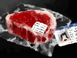 Rule 34 | 1other, black hair, cannibalism, collared shirt, commentary, faceless, food, food focus, highres, hisachan55cute, id card, meat, meat day, medium hair, no humans, original, pixel art, plastic wrap, shirt, simple background, still life, vest, white shirt, yellow vest