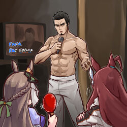 Rule 34 | 1boy, 2girls, animal ears, bow, braid, brown hair, crossed arms, ear ribbon, facial hair, fedora, goatee, hairband, half up braid, hat, highres, horse ears, horse girl, karaoke, kiryu kazuma, kuroboshi roki, kuroda takaya, mihono bourbon (umamusume), multiple girls, muscular, muscular male, music, ryuu ga gotoku (series), ryuu ga gotoku 1, satono diamond (umamusume), singing, sunglasses, topless male, umamusume, voice actor connection