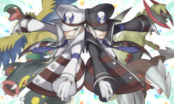 2boys archeops black_hat blue_necktie brothers claws eelektross excadrill fangs gen_5_pokemon gloves grey_hair hat haxorus highres male_focus multiple_boys necktie nintendo open_mouth pokemon pokemon_(creature) pokemon_bw siblings sideburns tebukuro_tette twins white_gloves white_hat wings