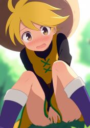 1girl absurdres black_shirt blonde_hair blush curakuru dress hat highres knees_up looking_at_viewer nintendo open_mouth outdoors pokemon pokemon_adventures shirt sitting skirt skirt_tug solo straw_hat yellow_(pokemon) yellow_dress