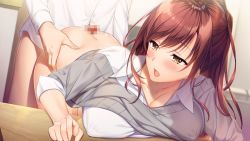 1boy 1girl ayase_hazuki bent_over bottomless breasts brown_hair bush cleavage clothes_lift covered_erect_nipples dress_shirt game_cg grey_sweater hetero indoors large_breasts long_hair on_table open_mouth penis sex sex_from_behind shirt standing standing_sex sweater sweater_lift table tachibana_iori torso_grab very_long_hair white_shirt yellow_eyes yubisaki_connection