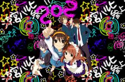 2boys 3girls arm_up asahina_mikuru blue_jacket blue_skirt brown_hair brown_shoes calico_cat chalk_drawing closed_mouth drawing_on_fourth_wall foreshortening from_above jacket koizumi_itsuki kyon loafers maid_headdress maiko_(setllon) multiple_boys multiple_girls nagato_yuki necktie red_necktie ribbon shoes skirt sos-dan_logo suzumiya_haruhi suzumiya_haruhi_no_yuuutsu translation_request yellow_ribbon
