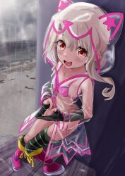 1girl absurdres bikini blush breasts fate/grand_order fate/kaleid_liner_prisma_illya fate_(series) highres illyasviel_von_einzbern illyasviel_von_einzbern_(swimsuit_archer) illyasviel_von_einzbern_(swimsuit_archer)_(third_ascension) kebab_(blackdoll) long_hair long_sleeves looking_at_viewer open_mouth pink_bikini raincoat red_eyes see-through_clothes see-through_raincoat small_breasts smile solo swimsuit white_hair