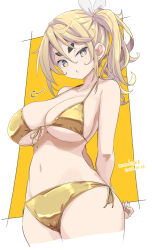1girl artist_name bikini blonde_hair breasts bright_pupils dated gold_bikini hair_between_eyes highres kichihachi large_breasts looking_at_viewer medium_hair navel orange_background original ponytail solo swimsuit thick_eyebrows two-tone_background white_background white_pupils yellow_eyes