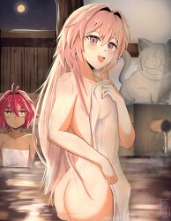 1boy 1girl ass astolfo_(fate) bathing blush breasts erection flat_chest happy long_hair mixed_bathing moon naked_towel neco-arc night nude oc_x_canon onsen pink_hair purple_eyes ran_sk red_hair short_hair small_breasts towel trap wet_towel yellow_eyes