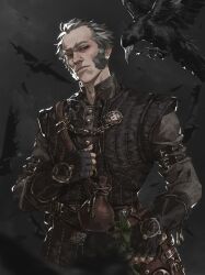 Rule 34 | 1boy, bird, black gloves, crow, emiel regis, facial hair, fingerless gloves, gloves, grey hair, grey jacket, jacket, mutton chops, pontyk blya, short hair, solo, the witcher (series), the witcher 3, upper body