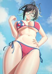 absurdres american_flag american_flag_bikini american_flag_print aqua_eyes aqua_hair artist_name bare_arms beach bikini black_hair blue_sky breasts cleavage cloud cloudy_sky colored_inner_hair cosplay cowboy_shot day extrakrispykari flag_print flag_print_bikini from_below glasses hand_on_own_hip hand_up highres large_breasts looking_at_viewer looking_down medium_hair miyamoto_musashi_(swimsuit_berserker)_(second_ascension)_(fate)_(cosplay) multicolored_hair navel open_mouth original outdoors print_bikini side-tie_bikini_bottom sideboob sky smile stomach swimsuit teeth underboob
