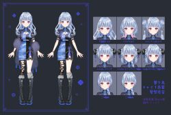 Rule 34 | 1girl, black background, black boots, black dress, black pantyhose, blue dress, boots, braid, breasts, bun cover, busou kanojo, china dress, chinese clothes, cleavage, closed mouth, cropped jacket, detached hair, double bun, dress, earrings, fang, fang out, grey hair, grey socks, hair bun, hair ornament, hair over shoulder, hair rings, hairclip, highres, horns, jewelry, kneehighs, lace-up boots, long hair, medium breasts, multicolored hair, multiple expressions, multiple views, myusha, nenemaru (busou kanojo), pantyhose, pigeon-toed, pink hair, pointy ears, puffy short sleeves, puffy sleeves, red eyes, short sleeves, single horn, single leg pantyhose, socks, standing, torn clothes, torn pantyhose, translation request, twin braids, twintails, two-tone hair, virtual youtuber, x hair ornament