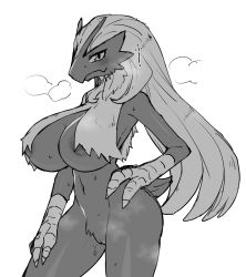 1girl blaziken blush breasts gen_3_pokemon highres monochrome nintendo pokemon pokemon_(creature) pussy