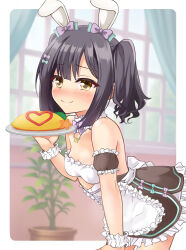 1girl bare_shoulders black_dress black_hair blush breasts brown_eyes dress fate/kaleid_liner_prisma_illya fate_(series) food hair_ornament hairclip highres long_hair looking_at_viewer miyu_edelfelt mochi_(k620803n) omelet plate small_breasts smile solo twintails
