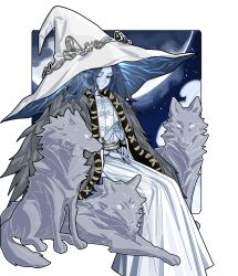1girl 88rfnzknbhuc5sy absurdres animal blue_eyes blue_hair blue_skin brown_cloak cloak closed_mouth colored_skin commentary cracked_skin dress elden_ring extra_arms extra_faces fur_cloak hat highres large_hat long_hair looking_at_viewer moon night night_sky one_eye_closed own_hands_together ranni_the_witch sky white_dress white_hat witch witch_hat wolf