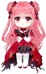 1girl absurdres black_gloves blunt_bangs bow burnt_clothes chibi choker double_bun dress expressionless eyelashes frilled_choker frilled_dress frilled_gloves frills gloves hair_bow hair_bun hands_on_own_chest highres infinity_nikki jewelry light_blush light_particles long_dress long_hair necklace nikki_(nikki) nikki_(series) open_mouth own_hands_together pink_eyes pink_hair red_bow red_choker red_dress red_shoes shoes short_sleeves sidelocks simple_background solo sparkle standing tareme thighhighs thighlet threads_of_reunion_(infinity_nikki) torn_clothes torn_dress triangle_mouth very_long_hair wavy_hair white_background white_thighhighs zhizhizhizhizhizong