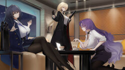 3girls absurdres azur_lane black_coat black_gloves black_hair black_necktie black_pantyhose black_skirt blonde_hair blue_hair blue_jacket blue_necktie blue_skirt breasts ceiling_light cleavage coat colette_(azur_lane) collared_shirt commission couch crossed_legs cup eutopia_savoy_(azur_lane) feet_out_of_frame from_side glasses gloves highres huge_breasts indoors jacket large_breasts long_hair long_sleeves miss_m_(azur_lane) multiple_girls necktie office_lady open_clothes open_coat pantyhose parted_bangs partially_unbuttoned pencil_skirt pillow pixiv_commission purple_eyes purple_hair ryosuke1225 shirt sitting skirt teacup very_long_hair white_shirt yellow_eyes