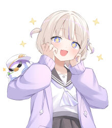 1girl black_skirt blonde_hair blue_eyes fang highres hololive hololive_dev_is jacket multicolored_hair open_mouth purple_hair purple_jacket shirt short_hair simple_background skin_fang skirt solo_focus sparkle sparkling_eyes streaked_hair todoroki_hajime toui_penko two-tone_hair two_side_up virtual_youtuber white_background white_shirt