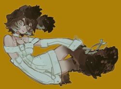 Rule 34 | 1girl, :3, animal ears, animal feet, brown hair, detached sleeves, dog ears, dog girl, dog tail, dress, full body, green eyes, highres, looking at viewer, monster girl, muted color, original, senmaze, short hair, simple background, slit pupils, solo, tail, tongue, tongue out, yellow background