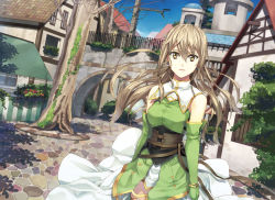 Rule 34 | 00s, 1girl, aria (seiken no blacksmith), bad id, bad pixiv id, bare shoulders, brown eyes, brown hair, building, corset, day, dress, earrings, elbow gloves, female focus, gloves, green dress, green gloves, house, jewelry, long hair, looking at viewer, luna (reclaimed land), moss, outdoors, pavement, plant, seiken no blacksmith, solo, standing, tree, underbust, very long hair, village