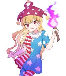 1girl american_flag_dress american_flag_legwear beads blonde_hair blush clownpiece cowboy_shot dress fire hair_between_eyes hand_up hasegawa_06 hat holding holding_torch jester_cap long_hair looking_at_viewer neck_ruff open_mouth pantyhose polka_dot_headwear purple_fire purple_hat red_eyes short_sleeves simple_background smile solo standing star_(symbol) star_print striped_clothes striped_dress striped_pantyhose torch touhou wavy_hair white_background