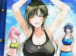 3girls anna_(kimi_wa_meido-sama) arm_up black_hair black_one-piece_swimsuit blue_eyes blue_hair blue_sky blue_sports_bra breasts cleavage closed_eyes cloud collarbone commentary green_sports_bra hand_on_own_hip hikage_naka kimi_wa_meido-sama large_breasts long_hair looking_at_viewer multiple_girls navel one-piece_swimsuit open_mouth outdoors pink_hair ponytail shotan sky sports_bikini sports_bra swimsuit yuki_(kimi_wa_meido-sama)