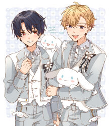 2boys :3 :d animal asako_(puiu9k) black_hair black_ribbon blazer blonde_hair blue_eyes blush_stickers border boutonniere buttons character_charm charm_(object) checkered_background cinnamoroll closed_mouth commentary_request copyright_name cowboy_shot crossover dog flower grey_jacket grey_pants grey_shirt hair_between_eyes heart heart_background heathcliff_blanchett highres holding holding_animal holding_dog jacket long_bangs long_sleeves looking_at_viewer mahoutsukai_no_yakusoku male_focus mole mole_under_eye multicolored_jacket multiple_boys open_mouth pants partially_unbuttoned plaid_clothes plaid_shirt pocket red_eyes ribbon sanrio shino_sherwood shirt short_hair smile teeth two-tone_jacket two-tone_ribbon upper_teeth_only vest waistcoat white_border white_dog white_flower white_ribbon white_vest