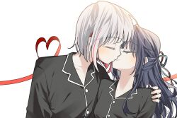 Rule 34 | 2girls, 42 (42 aqrl), alternate costume, black pajamas, black shirt, blue hair, blue ribbon, blush, bob cut, closed eyes, collarbone, collared shirt, colored inner hair, commentary, dollchestra, grey hair, hair ribbon, half updo, hand on another&#039;s shoulder, hashtag-only commentary, heart, heart of string, highres, inverted bob, kiss, link! like! love live!, love live!, multicolored hair, multiple girls, murano sayaka, pajamas, red hair, red ribbon, ribbon, shirt, short hair, simple background, smile, streaked hair, upper body, virtual youtuber, white background, yugiri tsuzuri, yuri