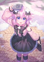 1girl arm_up binato_lulu black_bag black_bow black_bowtie black_skirt black_thighhighs bow bowtie camera center_frills cherry_blossoms choujigen_game_neptune clothing_cutout commentary d-pad d-pad_hair_ornament english_commentary fanged_bangs frills glint hair_between_eyes hair_ornament hair_ribbon high-waist_skirt highres holding holding_camera jirai_kei light_particles long_sleeves medium_hair neptune_(neptunia) neptune_(series) open_mouth outdoors pink_hair pink_shirt pink_thighhighs purple_ribbon ribbon shirt shoulder_cutout signature skirt smile solo striped_clothes striped_thighhighs thighhighs two-tone_thighhighs