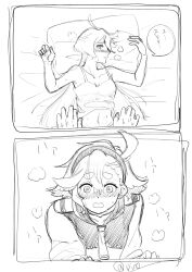 Rule 34 | 2girls, 715piro gon, @ @, absurdres, asticassia school uniform, blush, breath, commentary request, female pov, greyscale, gundam, gundam suisei no majo, highres, long hair, looking at another, miorine rembran, monochrome, multiple girls, necktie, nervous sweating, open mouth, pillow, pov, school uniform, speech bubble, suletta mercury, sweat, tank top, thick eyebrows, translation request, yuri
