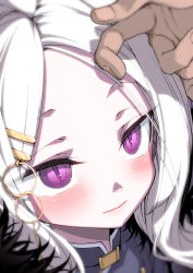 1boy 1girl blue_archive blush close-up closed_mouth commentary forehead fur_collar hair_ornament hairclip highres hina_(blue_archive) hitotose_rin long_hair parted_bangs portrait purple_eyes slit_pupils solo_focus white_hair