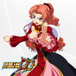 1girl breasts cleavage code_geass code_geass:_soubou_no_oz dress highres long_hair marrybell_mel_britannia non-web_source orange_hair scrunchie strapless strapless_dress super_robot_wars super_robot_wars_dd