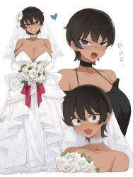 1girl blue_eyes blush bouquet breasts bridal_veil cleavage collar commentary dark-skinned_female dark_skin dress fang flower gurenola hair_between_eyes hair_flower hair_ornament heart highres holding holding_bouquet huge_breasts original sharp_teeth short_hair tearing_up teeth tomboy translated veil wedding_dress