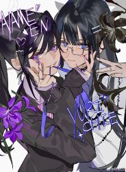 2girls absurdres ayame_en_(ouge_dz) biting_another&#039;s_clothes black-framed_eyewear black_flower black_hair black_jacket blazer blue_eyes blunt_bangs bow bowtie character_name closed_mouth collared_shirt corded_phone couple empty_eyes floral_background flower glasses grey_pupils grey_shirt hair_ornament hairclip hand_on_another&#039;s_chin hand_on_own_cheek hand_on_own_face heart heart_hair_ornament highres jacket jewelry layered_sleeves lily_(flower) lips long_hair long_sidelocks multiple_girls nail_art nail_polish neck_ribbon original ouge_dz pansy phone pink_bow pink_bowtie pink_lips purple_eyes purple_flower purple_hair purple_nails purple_ribbon purple_shirt ribbon ring shirt sidelocks sleeves_past_wrists sparkle straight_hair striped_bow striped_bowtie striped_clothes sweater_jacket swept_bangs twintails upper_body wedding_ring white_background white_jacket wife_and_wife yuri yuri_chie_(ouge_dz)