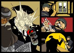 3boys apron bad_id bad_pixiv_id bartender beanie beard big_ear black_hair brown_hair car clenched_teeth comic earrings facial_hair hat jewelry male_focus motor_vehicle multiple_boys newspaper oekaki roger_smith scrb shaking silent_comic sunglasses teeth the_big_o watch