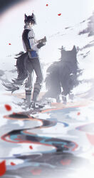 1boy absurdres animal_ears ayn_alwyn ayn_alwyn_(spirit_world) black_boots black_gloves black_hair black_pants black_vest boots chinese_commentary closed_mouth collared_shirt commentary disintegration falling_petals fingerless_gloves from_behind gloves hair_between_eyes highres holding holding_instrument instrument kazenemuri long_bangs long_sleeves looking_at_viewer looking_back lovebrush_chronicles low_ponytail lute_(instrument) male_focus mask mask_on_head medium_hair pants petals ponytail red_eyes ripples shirt skull_mask sleeve_garter smile smoke solo tail vest walking water white_background white_shirt wolf wolf_boy wolf_ears wolf_tail