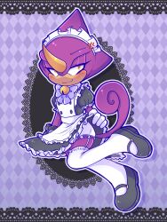 1boy absurdres alternate_costume annoyed black_dress black_shoes bow clothes_lift colored_skin crossdressing dress dress_lift enmaided espio_the_chameleon faburin furry furry_male highres horns lizard_tail looking_at_viewer maid male_focus male_maid purple_skin reptile_boy shoes single_horn solo sonic_(series) tail trap yellow_eyes