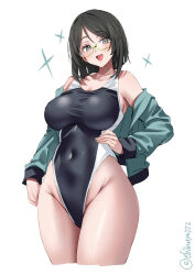 Rule 34 | 1girl, :d, black hair, black one-piece swimsuit, blush, breasts, collarbone, commentary request, competition swimsuit, covered navel, cowboy shot, ebifurya, glasses, grey eyes, hair between eyes, hand on own hip, highres, jacket, kantai collection, kirishima (kancolle), large breasts, long sleeves, looking at viewer, multicolored swimsuit, navel, one-hour drawing challenge, one-piece swimsuit, open mouth, short hair, simple background, smile, solo, sparkle, swimsuit, twitter username, two-tone swimsuit, white background