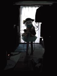 Rule 34 | 1girl, black eyes, black hat, buttons, curtains, diamond button, eyeball, floral print, frilled shirt collar, frilled sleeves, frills, green hair, green skirt, hat, hat ribbon, heart, heart of string, heripantomorrow, indoors, komeiji koishi, outstretched hand, ribbon, rose print, shirt, skirt, third eye, touhou, wide sleeves, window, yellow ribbon, yellow shirt