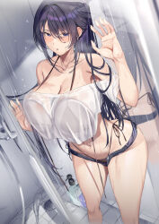 1girl bikini black_bikini black_hair black_shorts blue_eyes blush breasts comiket_106 commentary_request hair_between_eyes highres large_breasts looking_at_viewer micro_shorts neropaso original parted_lips see-through_clothes see-through_shirt shirt shorts solo standing swimsuit thighs water wet wet_clothes white_shirt